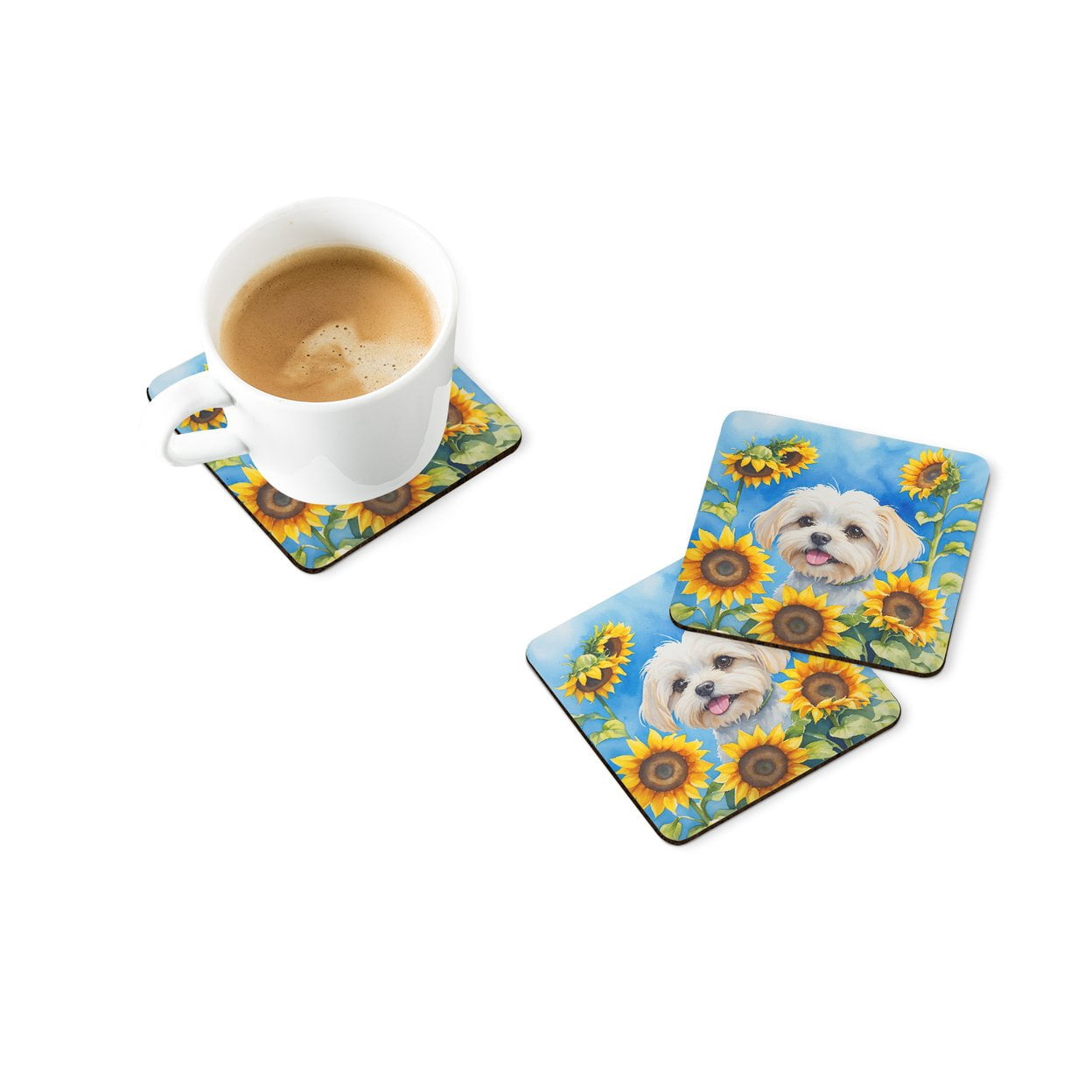 Maltese in Sunflowers Foam Coasters 3.5 in x 3.5 in