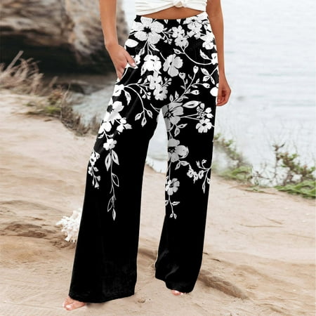 

Women s Casual Prints High Waist Wide Leg Palazzo Pants Elastic Waist Loose Comfy Casual Pajama Pants Pockets Women s Casual Pants Black XXL