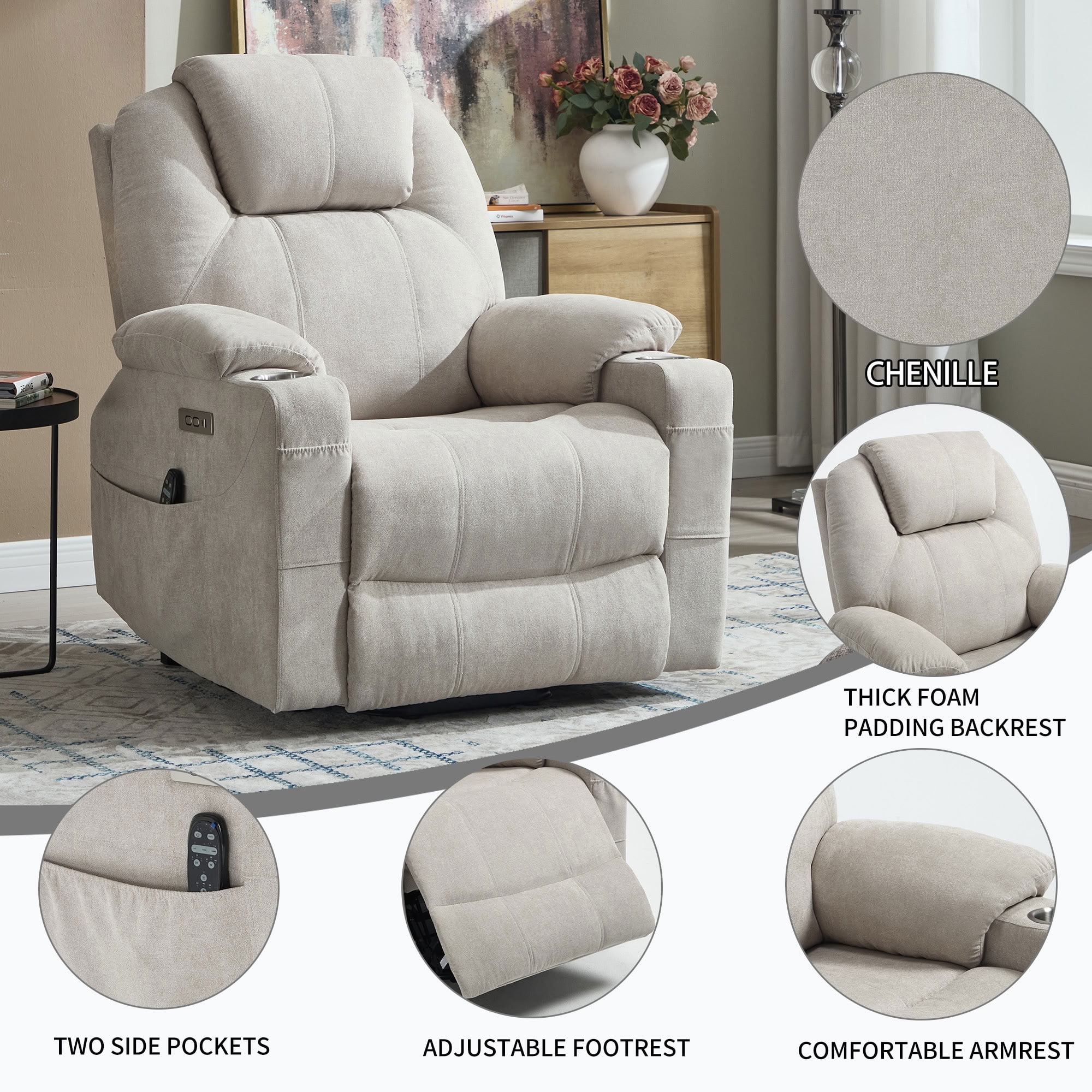 MAYEERTY Power Lift Recliner Chair for Elderly, Chenille Single Motor Electric Recliner with 8-Point Vibration Massage & Lumbar Heat, for Living Room Bedroom