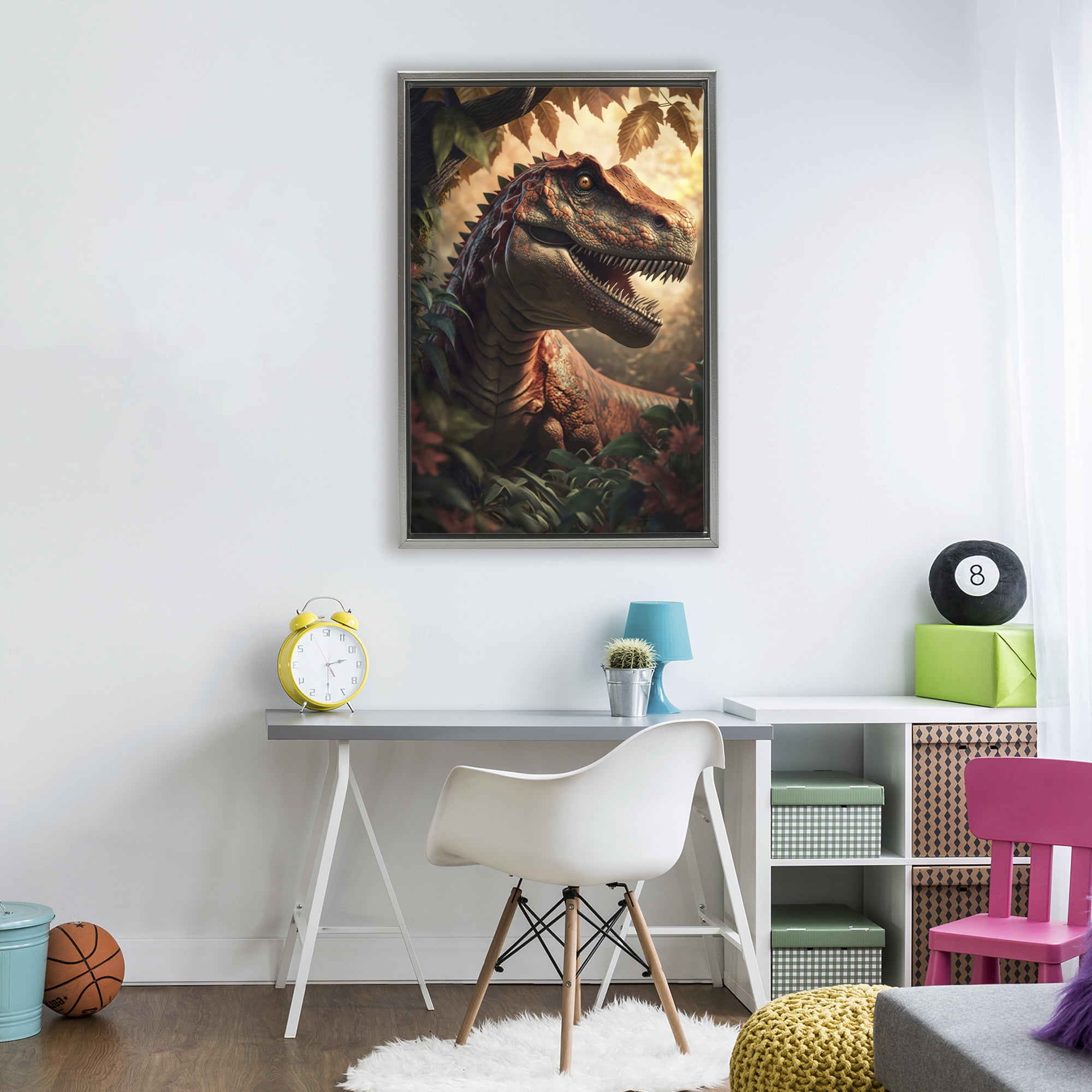 Stupell Industries Jungle Raptor with Ancient Foliage Gray Framed Floater Canvas Wall Art, design by Creative Studio