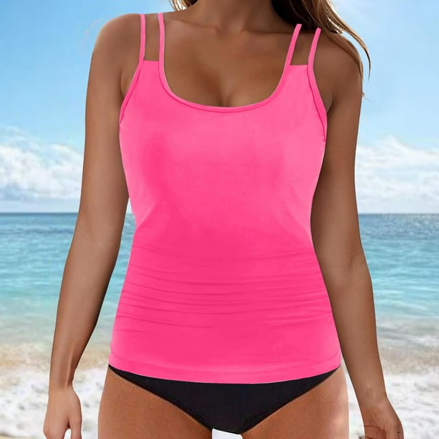 UPPADA UPPADAs Tankinis 2 Pcs pour Femmes, une-Pièces de Bain Unies à Col Ras du Cou, Taille Haute, Modestes, avec Shorts, Maillots de Plage Confortables pour les Vacances, Maillot de Bain pour Femmes, Contrôle du Ventre, Rose Vif, 2TG