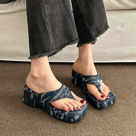 

amlbb Women s Summer Casual Platform Slippers Thick Bottom Wedged-heel Fashion Solid Color Thong Sandals Slippers on Clearance