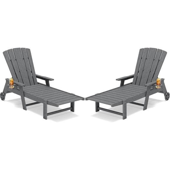 Polyhouz HDPE 4-Position Adjustable Outdoor Chaise Lounge with Wheels and Cup Holder, Heavy Duty All Weather Pool Lounge Chair for Poolside, Patio, Grey