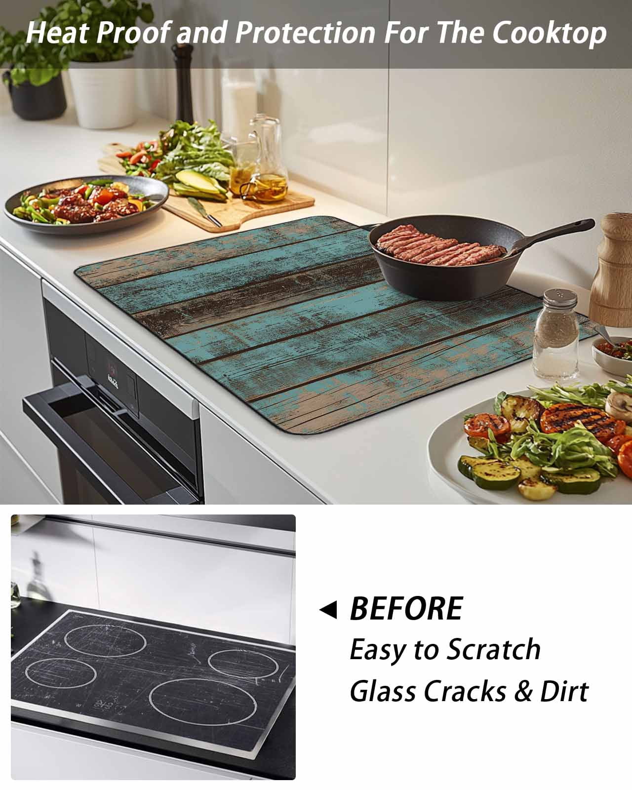 Stove Top Covers for Electric Stove, Teal Wood Grain Glass Stovetop Cover Protector, Gradient Farm Old Wooden Board Vintage Induction Cooktop Protector Oven Mat for Kitchen Countertop 24"x21"