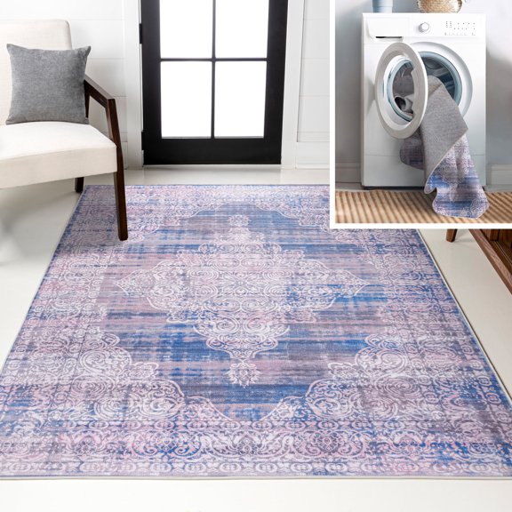 JONATHAN Y WASHABLE 3 x 5 Area Rug, Regis Bohemian Medallion - Blue, WSH107A-3