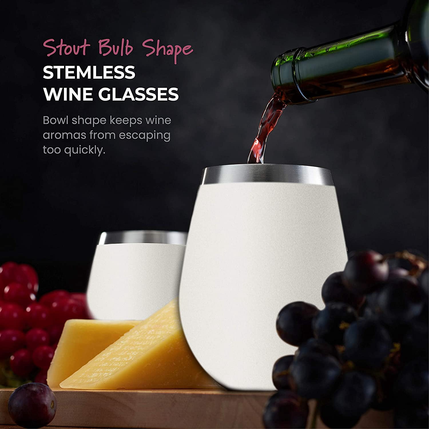 Stainless Steel Unbreakable Wine Glasses - 18 Ounce Set of 4 Wine glasses. Premium Grade 18/8 Stainless Steel Red & White Stemless Wine Glasses set, (Pure Pearly White)