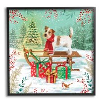 Stupell Industries Puppy On Sled Christmas Gifts Holiday Painting Black Framed Art Print Wall Art