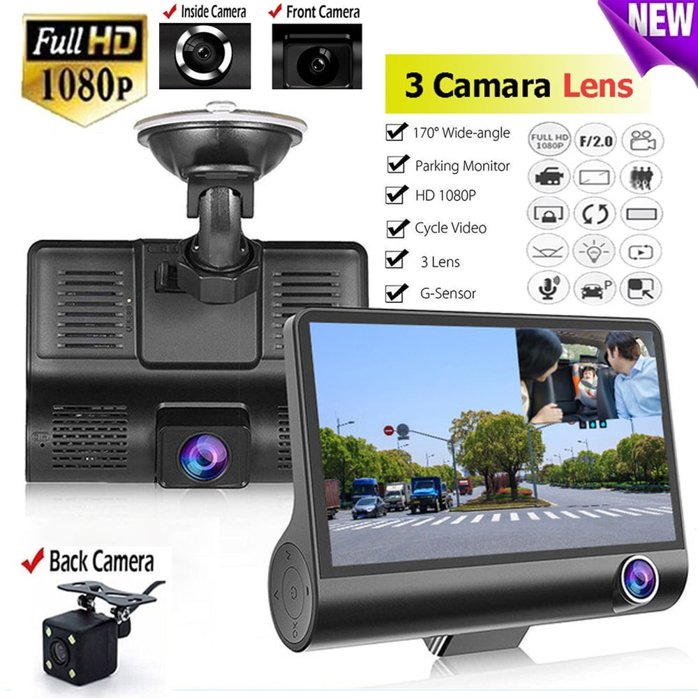 4'' HD 1080P 3 Lens Car DVR Dash Cam Vehicle Video Recorder Rearview Camera 170° 
