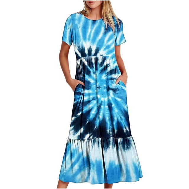 Penkiiy Robe d'Été Décontractée à Manches Courtes Col Rond Imprimé Teinture sur Nœuds Robe Maxi Fluide de Plage avec Poches L Bleu Clair