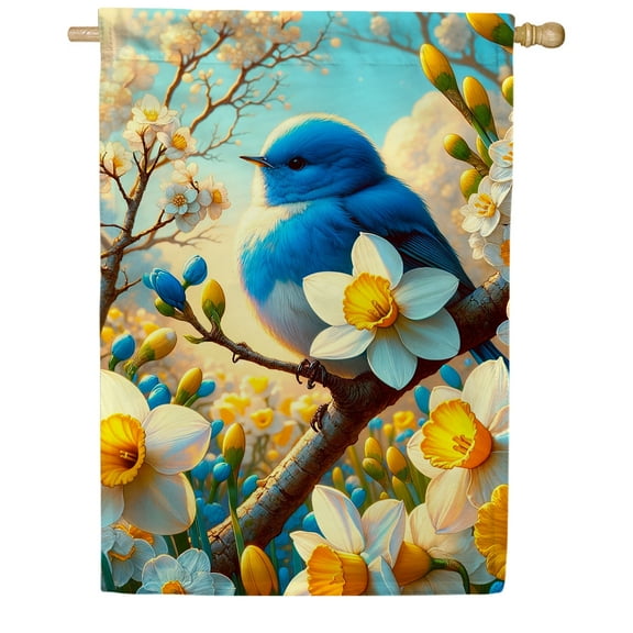 America Forever Spring Bluebird House Flag, 28x40 inch Double Sided, Bluebirds and Daffodils, Spring Summer Floral Flowers Seasonal Holiday Outdoor Yard Decoration
