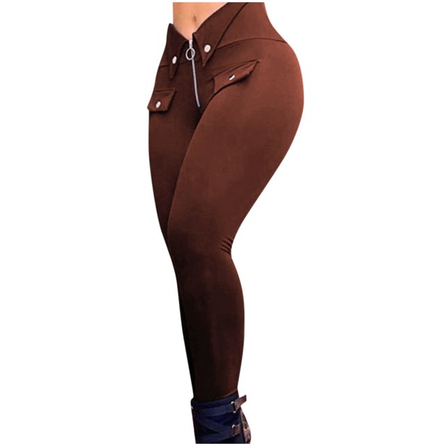 Gibobby Pantalones de Casuales Skinny Fitness Out Pantalones Leggings altos Cremallera Diseño Cintura Mujeres Pantalones de entrenamiento abotonados Pantalones de yoga(Marrón, S)