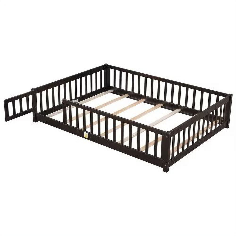 Full Size Floor Bed for Kids, Wood Full Montessori Bed Frame with Fence Guardrails and & Support Slats, Full Playhouse Bed with Door Design, Kids Fence Bed Playpen Bed for Boys ,Girls, Expresso