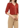 thumbnail image 4 of INSPIRE CHIC Women's Collared Shirts Contrast V Neck Roll Up Long Sleeve Work Blouse Brick Red XS, 4 of 6