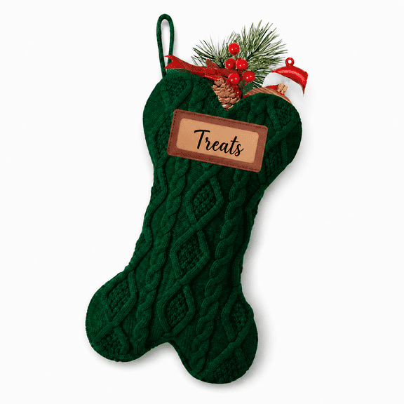 Dog Christmas Stocking, 1Pc Pet Christmas Stocking, Bone-Shaped Cable Knit Pet Stocking for Holiday Decor