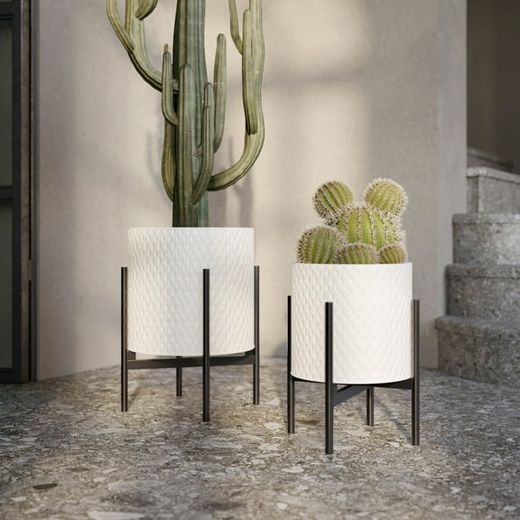 2-Piece Modern Metal Planter Pot With 4-Leg Black Metal Base - White - 14.75"H x 11.75"W / 12"H x 9.5"W