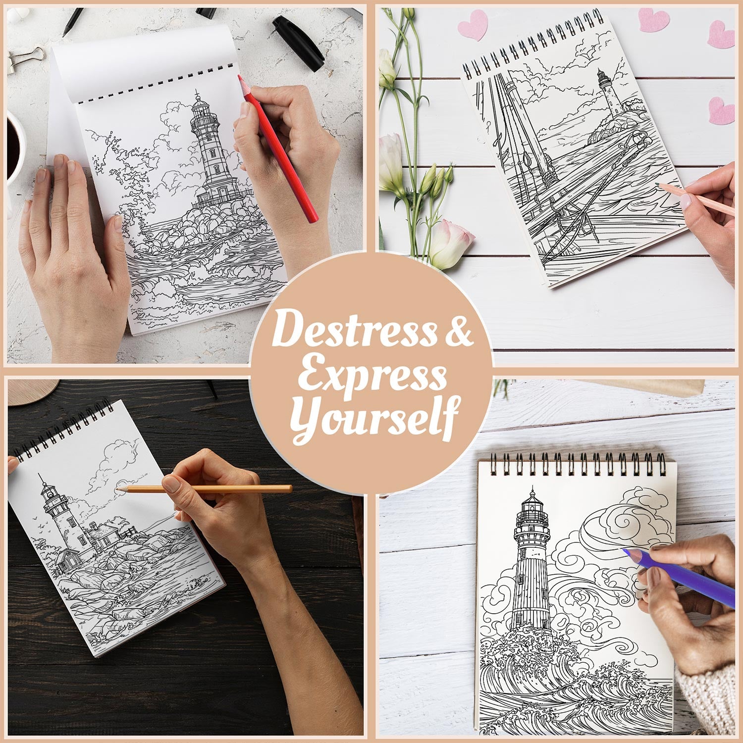 Netecom Lighthouse Coloring Book for Adults, Spiral Bound Edition, A5 Wooden Cover, 30 Serene Coloring Pages of Guiding Light for Stress Relief and Relaxation