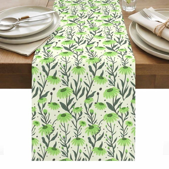 Green Flowers Table Runner - 48 Inch Long, Kitchen Dining Table Runner Dresser Scarves, Daisies Plant Leaf Abstract Monochrome Farmhouse Decor for Coffee Tables Wedding Party Banquet