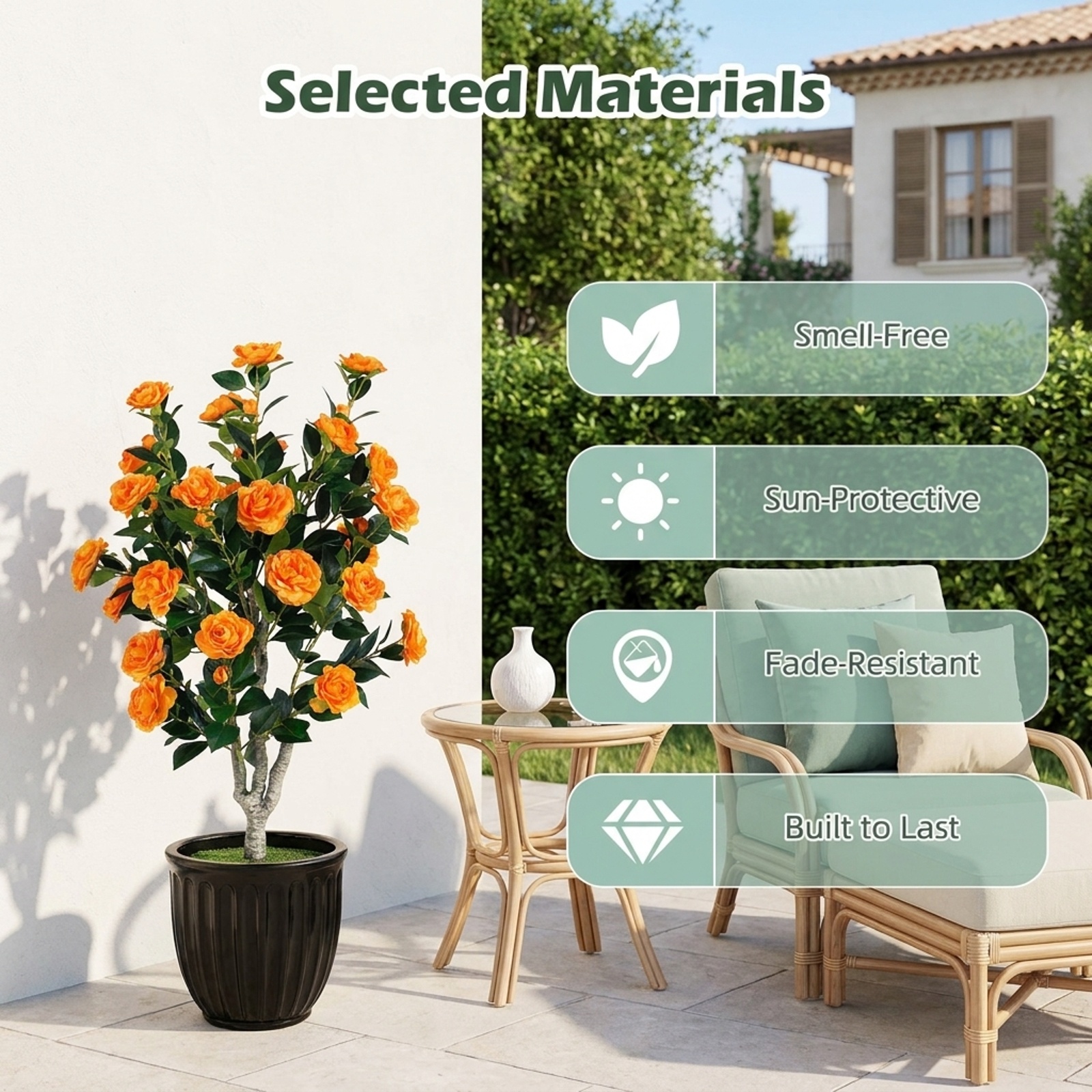 Vebreda Artificial Plant Decor, Set of 2 39.5" Artificial Camellia Tree with Orange Blossoms in Cement Pot for Decoration, Selected Materials