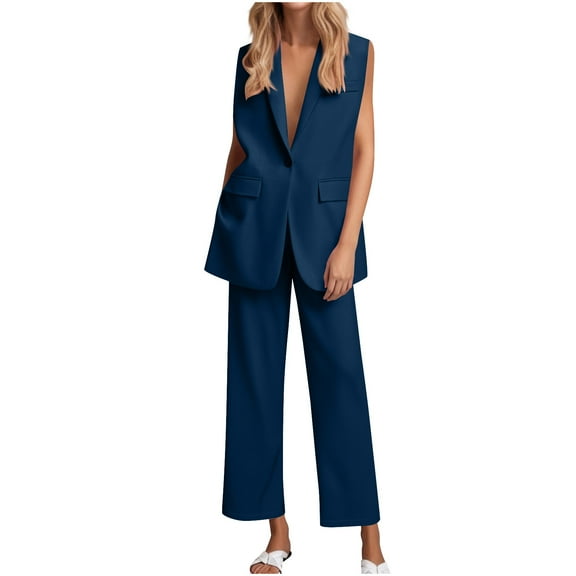 Wdfiry Womens 2 Piece Blazer Suit Sets Solid Color Button Down Sleeveless Open Front Jacket Straight-leg Pants Sets Work Business Outfit Set