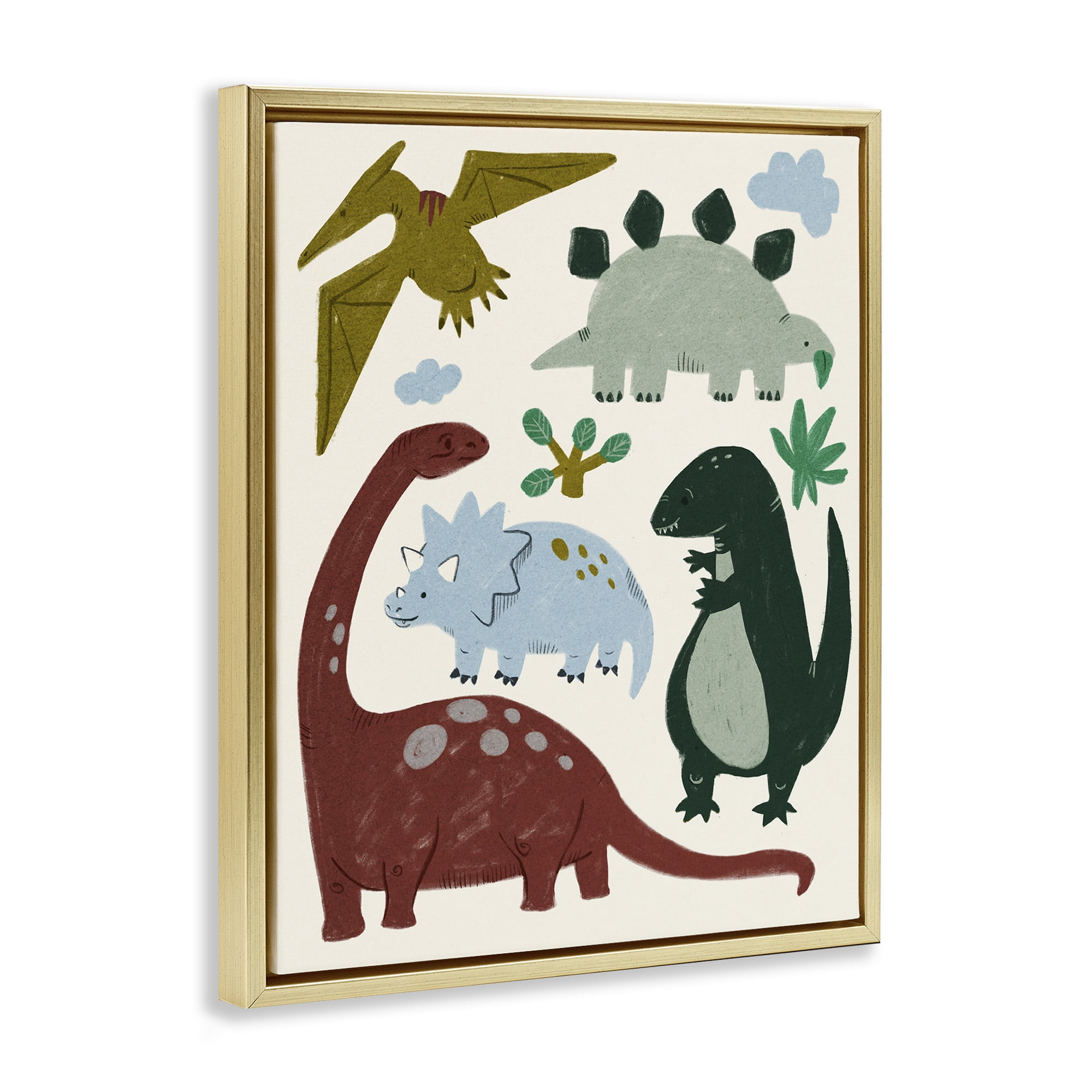Stupell Industries Colorful Cartoon Dinosaur Friends Animals & Insects Painting Gold Floater Framed Canvas Art Print Wall Art, 17 x 21