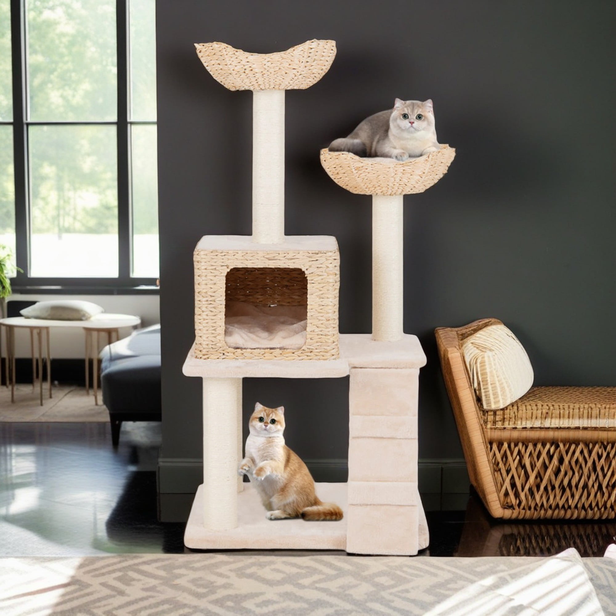 Kadyn 48" Modern Cat Tree Tower for Indoor Cats w/Natural Sisal Scratching Posts, Hand-Woven Condo and Top Perch, Cat Tree House for Kittens Climb Play, Beige