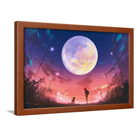 Huge Original Art (Young Woman and Dog at Beautiful Night with Huge Moon Above,Illustration Painting Framed Print Wall Art By Tithi)