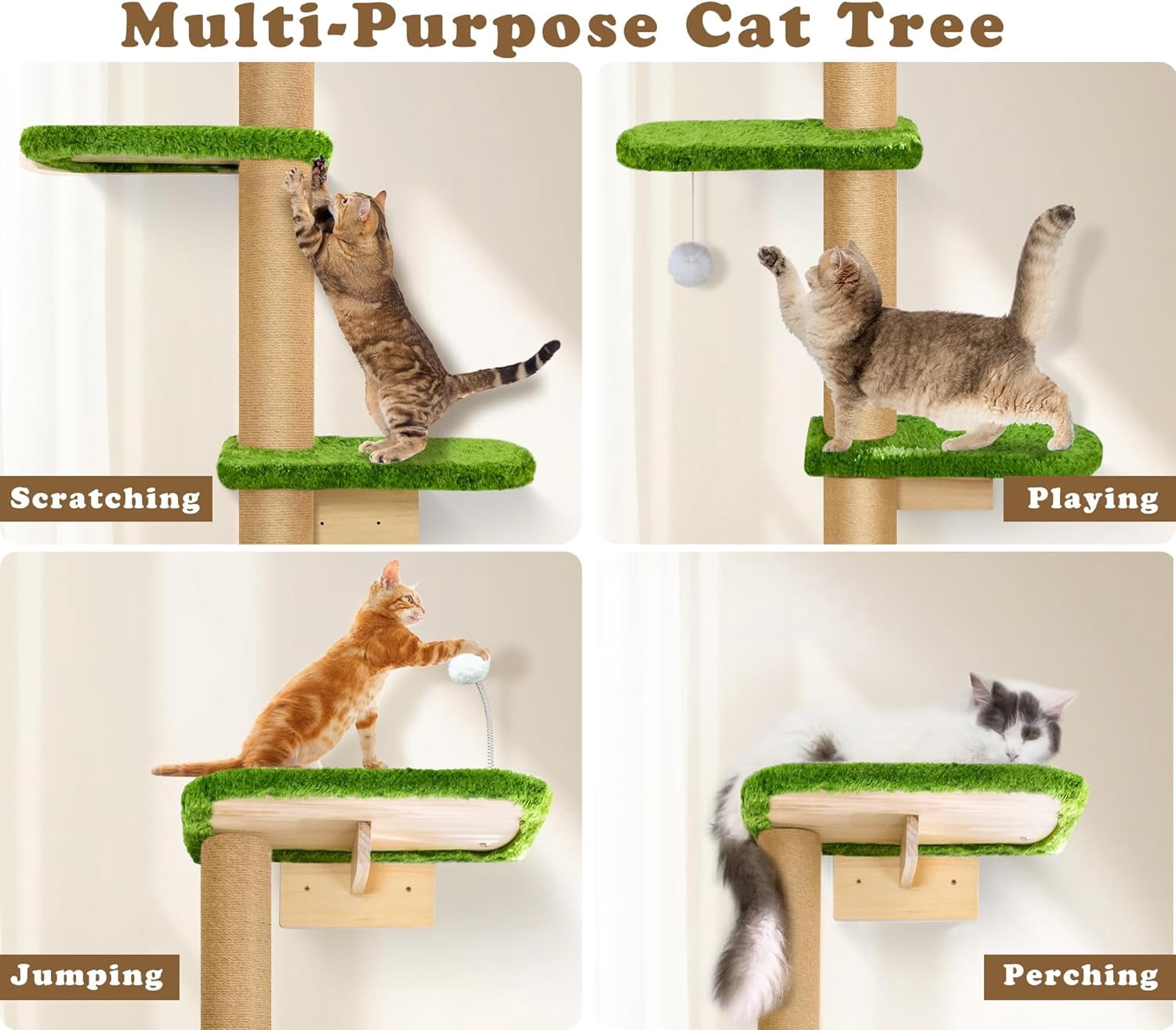 Peluomoz Green Adjustable Floor to Ceiling Cat Tree with 5 Plush Platforms, 83 in