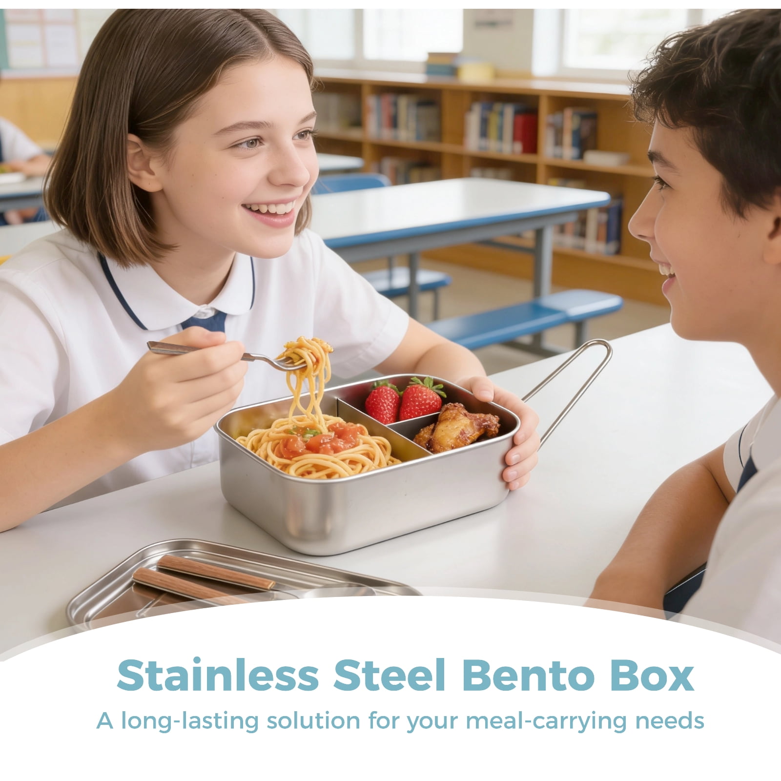 2PCS 304 Stainless Steel Bento Box, 40oz 3-Compartment Metal Lunch Container with Fork and Spoon, Leak Proof Metal Lunch Container for Youngsters and Adults