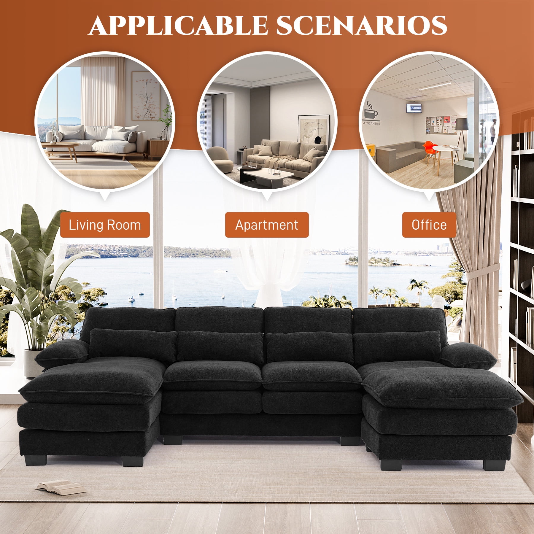 Wiilayok 114" U Shaped Sectional Sofa with Chaise Lounge and Ottoman,Chenille Modular Sectional Sofa Couch for Living Room,Black