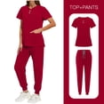 thumbnail image 1 of FRSASU Women's Solid Color Nurse Uniform Short Sleeve V Neck Button Top Side Slit Pockets Drawstring Jogger Pants Scrubs Set Red S(S), 1 of 9