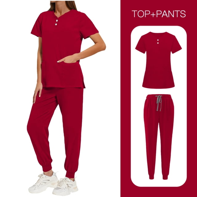 FRSASU Women's Solid Color Nurse Uniform Short Sleeve V Neck Button Top Side Slit Pockets Drawstring Jogger Pants Scrubs Set Red S(S)