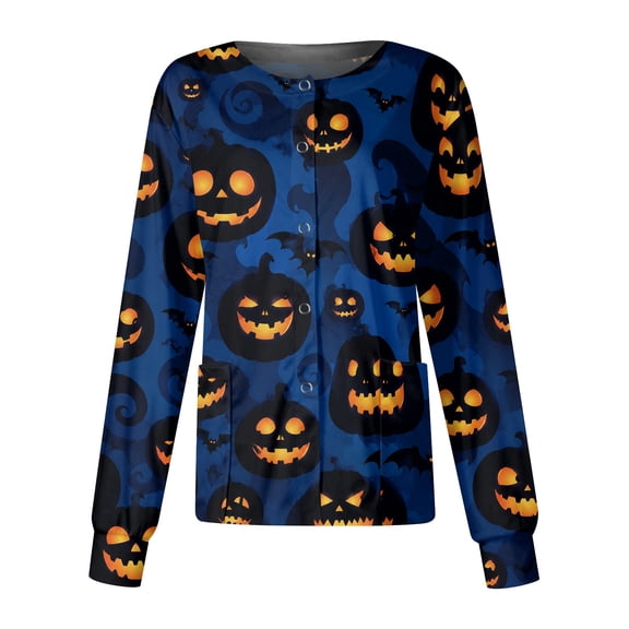 Domzest Halloween Long Sleeve Scrub Top for Women Pumpkin Ghost Bat Print Button Front Nurse Working Uniform Funny Medical Workwear Jacket Light Blue 5XL