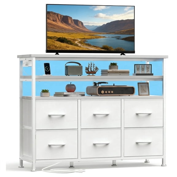 Casabay TV Stand Dresser with LED Lights & Charging Station, 6 Drawer Media Console for TVs Up to 45 Inch, Entertainment Center with Open Shelves, Fabric Storage Drawers, White