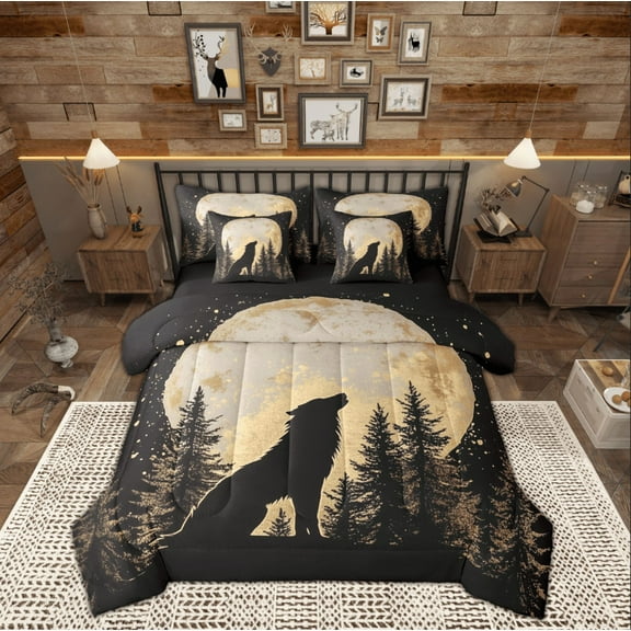 Manfei Teens Wildlife Wolf Twin Bedding Sets 7-Piece, Farmhouse Animal Bedding Comforter Set, Rustic Countryside Reversible Sheet Sets, Super Cozy Room Decor