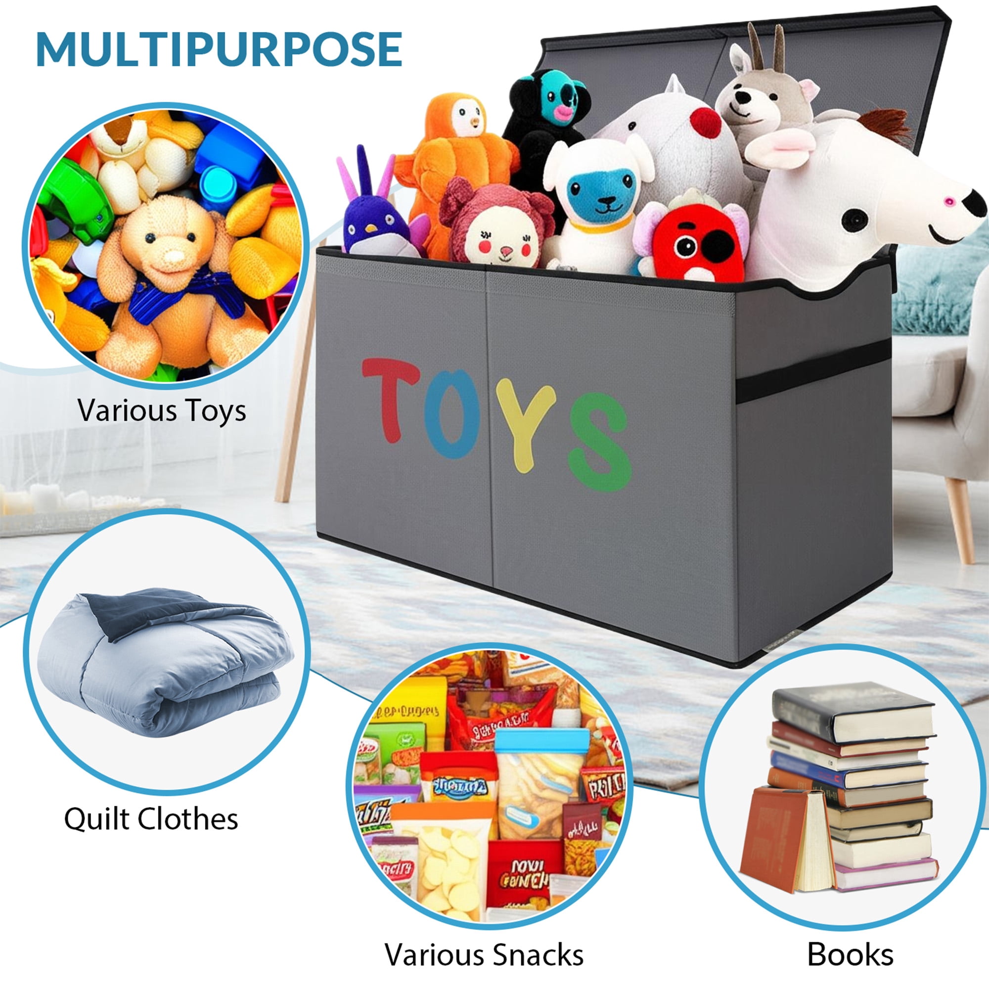 VICTORICH Space-Saving Toy Chest, 32 gal Extra Large Collapsible Toy Storage Bins with Lids for Kids Playroom, Gray