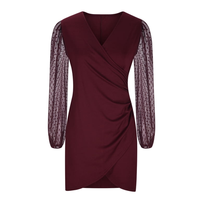 Herrnalise Women's Solid Color Tight Drawstring V-Neck Lantern  SleeveHipster Dress S-XL - Walmart.com