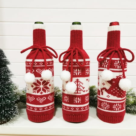 

GROFRY Bow Tied Plush Balls Creative Wine Bottle Cover Snowflake Deer Tree Print Christmas Knitted Wine Bottle Bag Festival Supplier