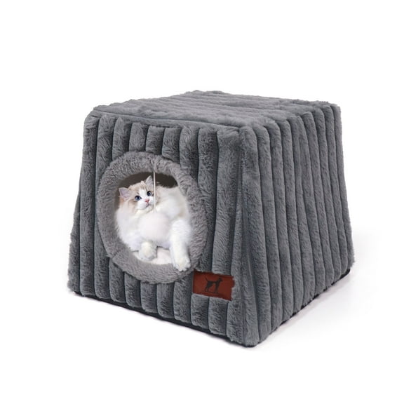 WATANIYA PET Large Cat House for Indoor Cats, Cozy Cat Bed with Cushion and Fluffy Ball Hanging , Grey