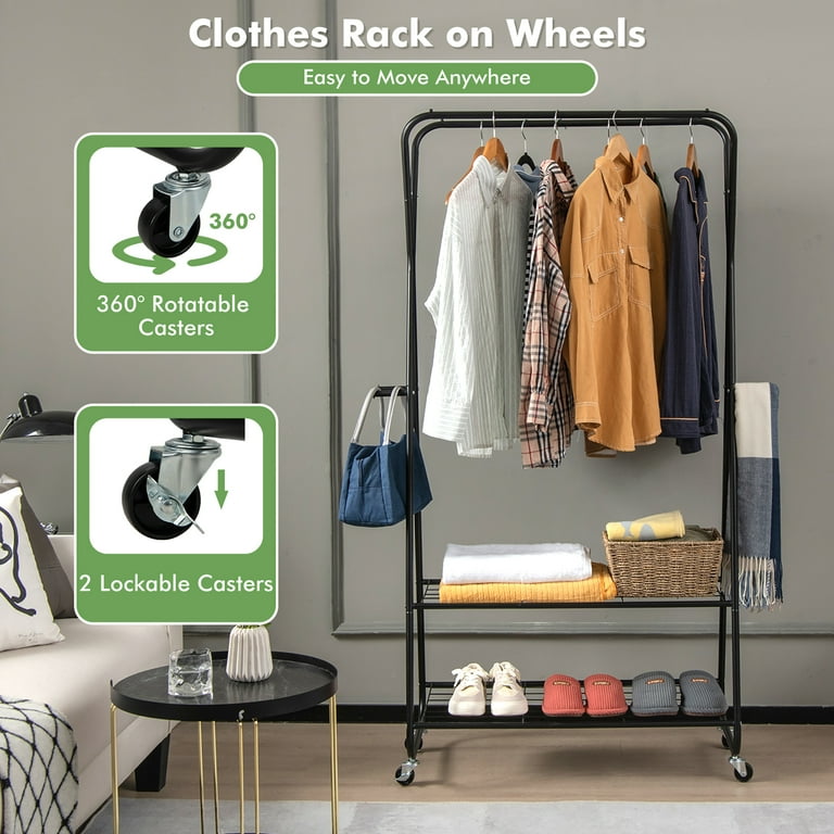 Heavy Duty Clothes Stand Rack with Top Rod and Lower Storage Shelf - Costway