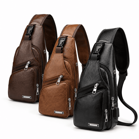 PU Leather Sling Bag for Men & Women - Chest Shoulder Bag Unbalance Crossbody Backpack Water Resistant Daypack for Gym Travel Hiking (13.8" * 6.7" * 2.5",Dark Brown)