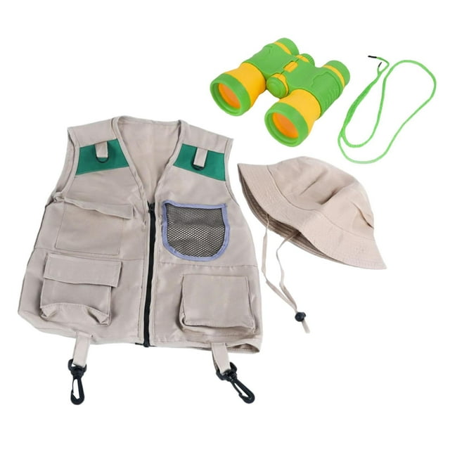 Explorer Disfraz para niños, equipo de campamento, binoculares de sombrero de chaleco, juguete educativo para acampar en el patio trasero juguete para Chaleco de malla