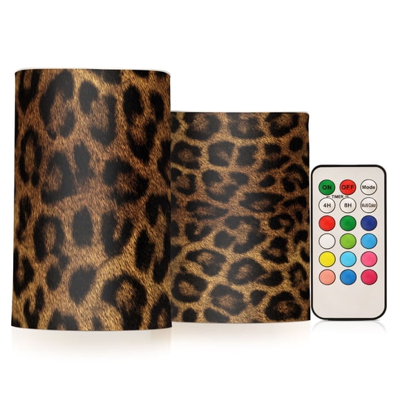 Beautiful Leopard Print Flickering Flameless Candles Battery Operated with Remote Timer LED Pillar Candles Set of 2