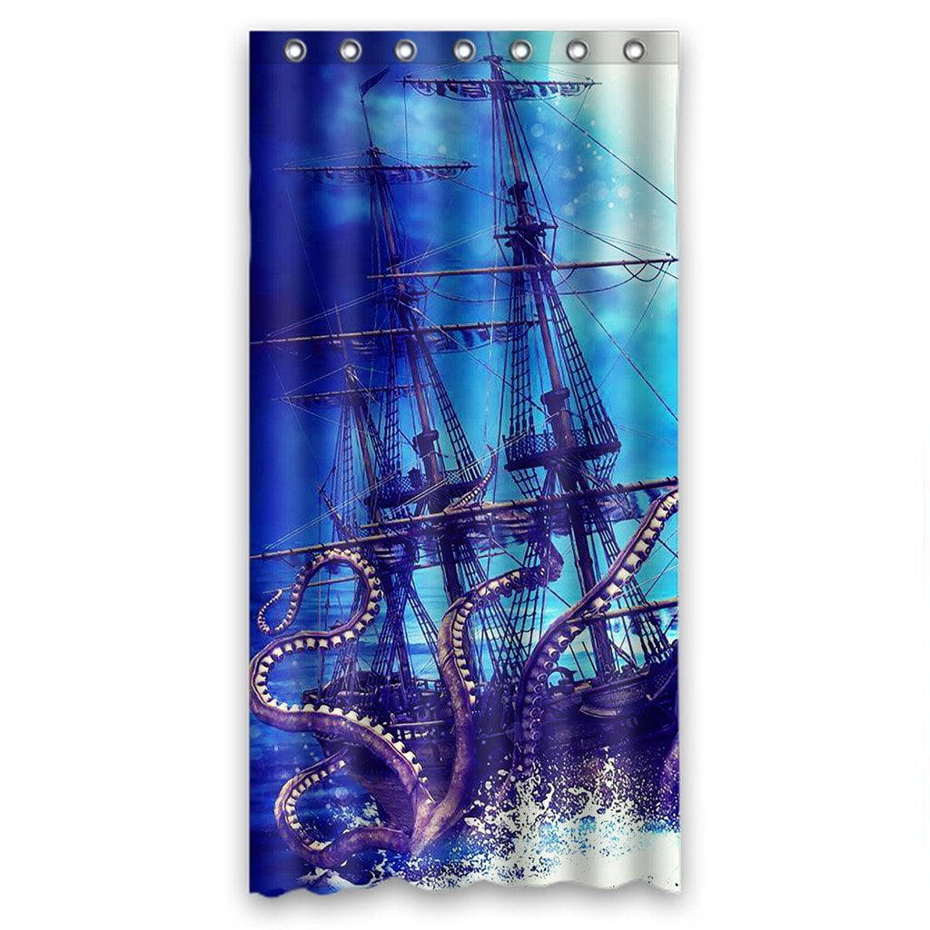 Custom Dark Night Moon Pirate Ship Shower Curtain 100% Polyester Fabric Waterproof Size 66x72inch