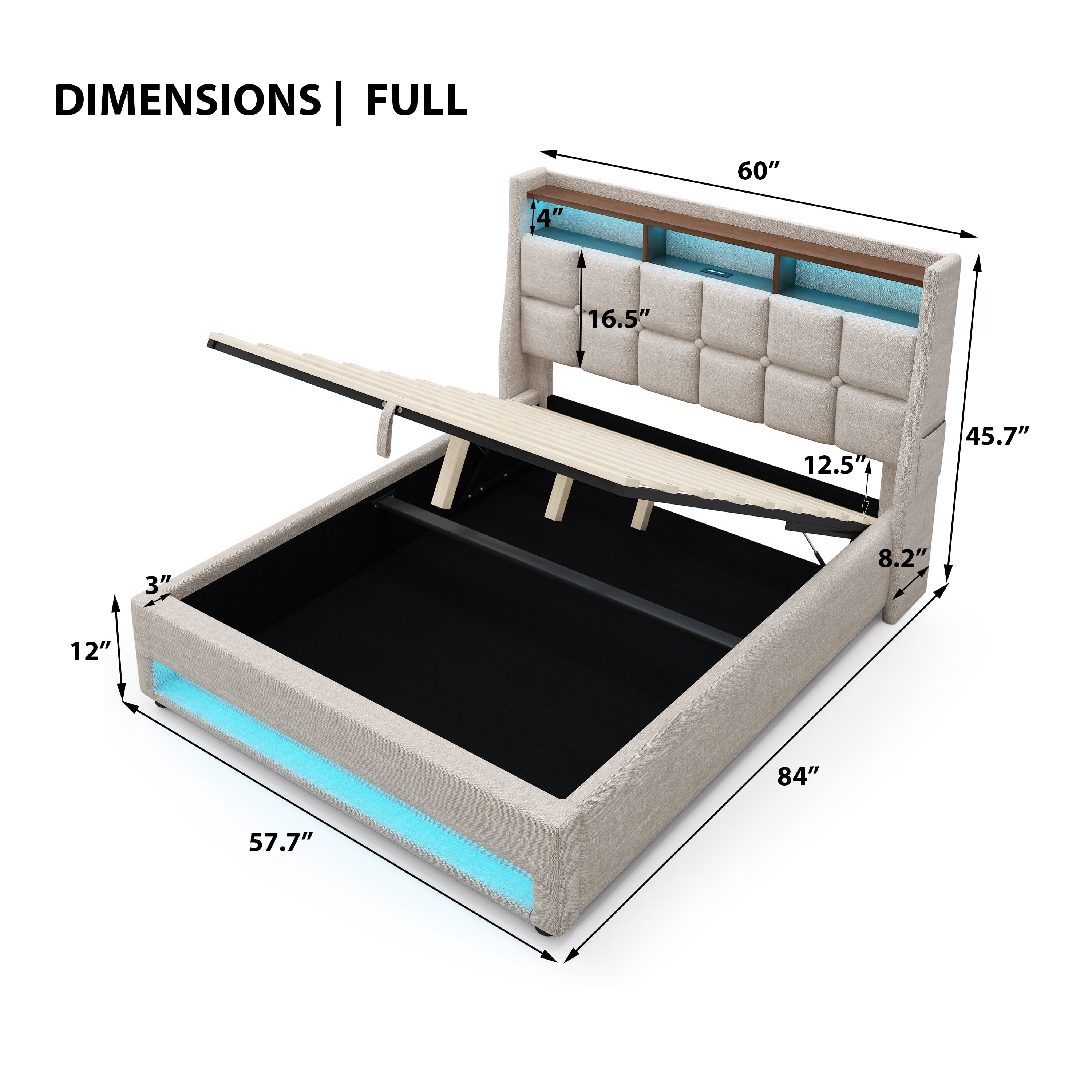 Full size Platform bed with Hydraulic Storage, LED and Charging Station, No Box Spring Needed