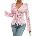 thumbnail image 3 of Lace Tops for Women Long Sleeve See Through Sheer Mesh Crop Top Shirt Open Front Tie Blouse Ruffle Pink M, 3 of 9