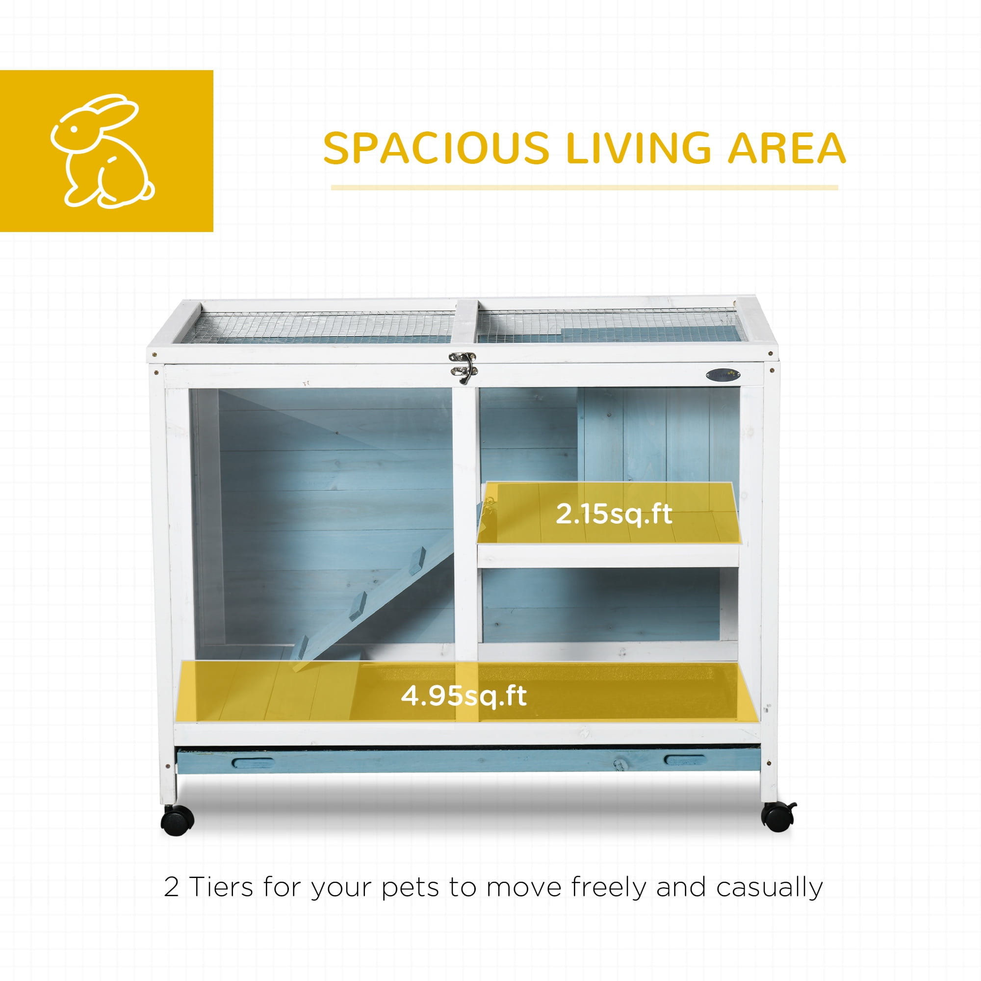 PawHut Indoor Rabbit Hutch with Wheels, Desk and Side Table Sized, Wood Rabbit Cage, Waterproof Small Rabbit Cage, Light Blue