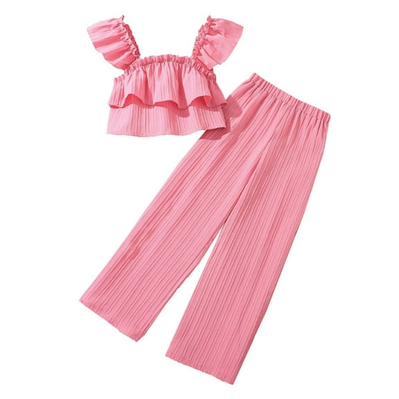 XEGLSBU Girls Outfits Size 14-16 Sets Matching Girl Clothes Girl Summer Outfits Sleeveless Ruffle Tops Wide Leg Pants Kids Set Red Size 11-12 Years