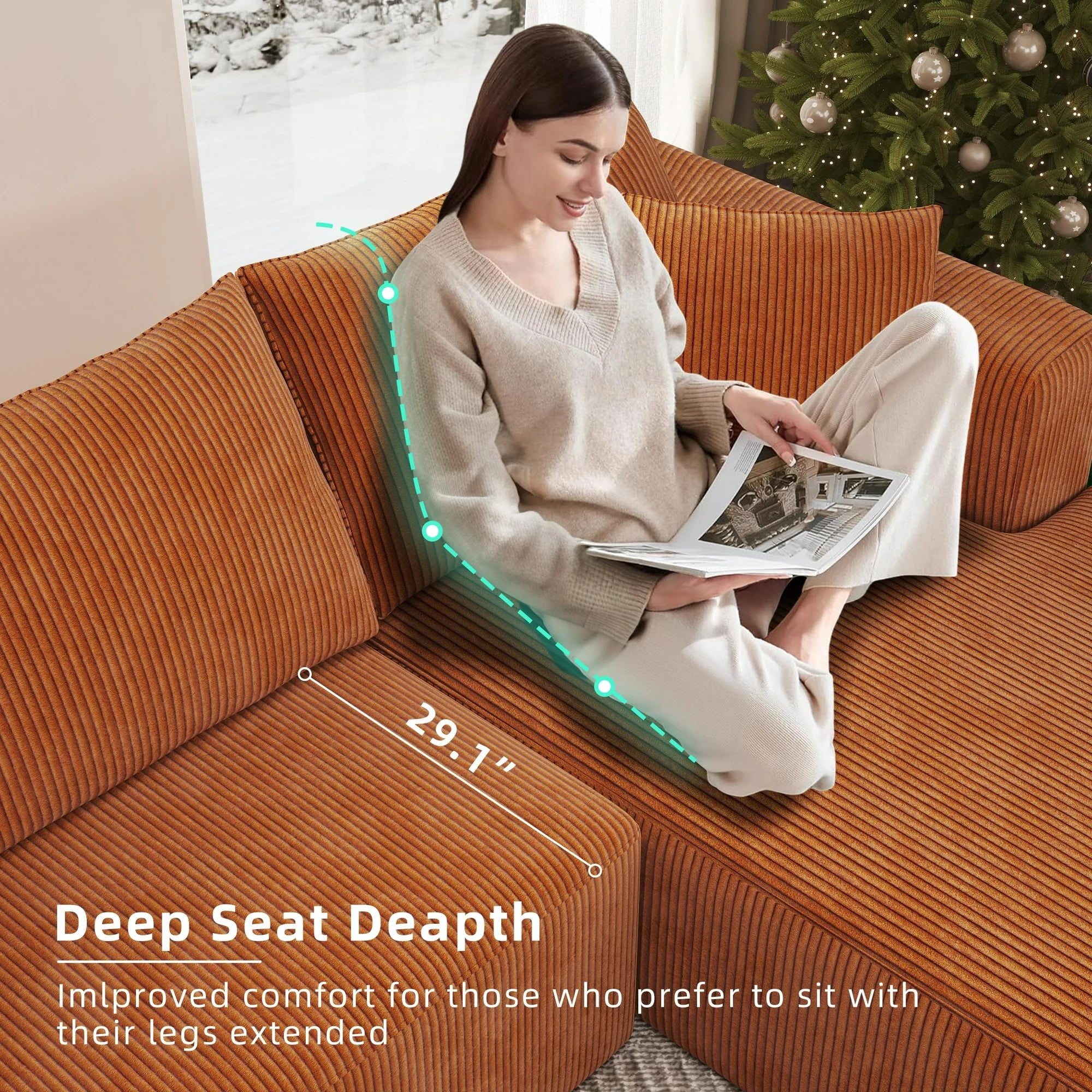 AENKYO 104 Modular L-Shaped Sectional Sofa with Chaise Lounge, Cloud Couch Deep Seat, Corduroy Upholstered Living Room Furniture, No Assembly Required, Orange