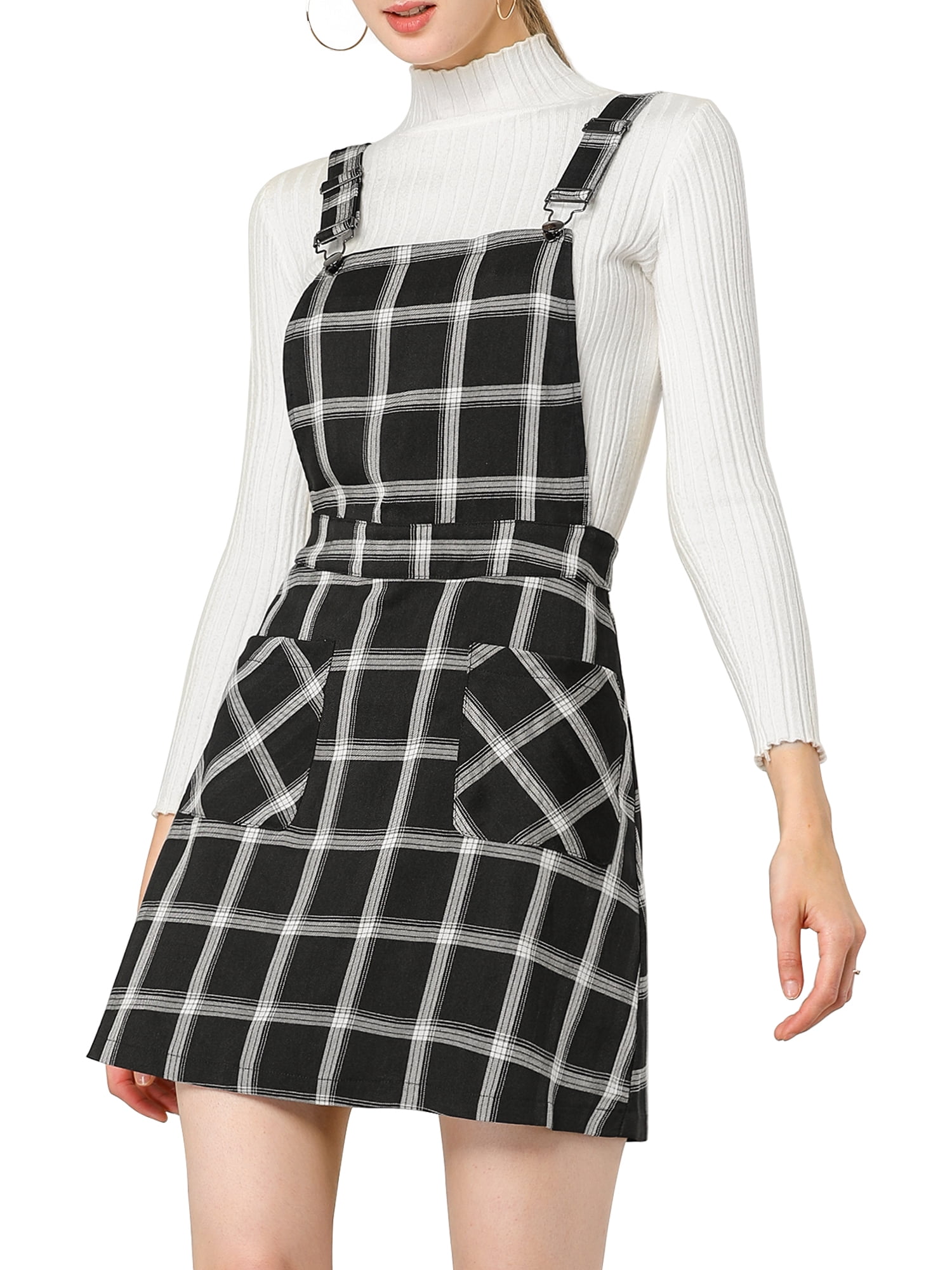 black and white plaid overall dress