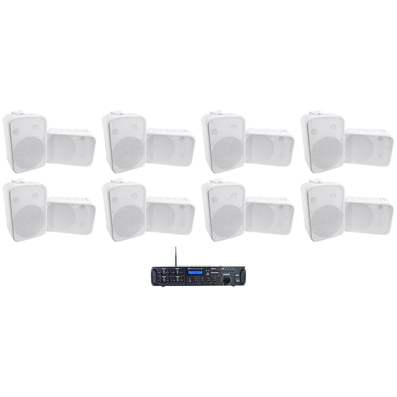 Rockville Rock Zone 8 Bundle: 8 Channel 1000W RMS Multi Room Amplifier Receiver, (8) Pairs HP65S-8 COMM White 6.5 Inch Indoor Outdoor Speakers, Commercial Use, 17-items